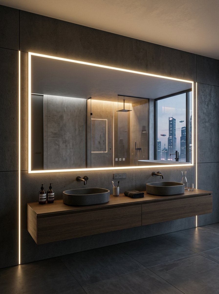 Modern bathroom with a glowing rectangular mirror, dual stone sinks, and a wooden floating cabinet.