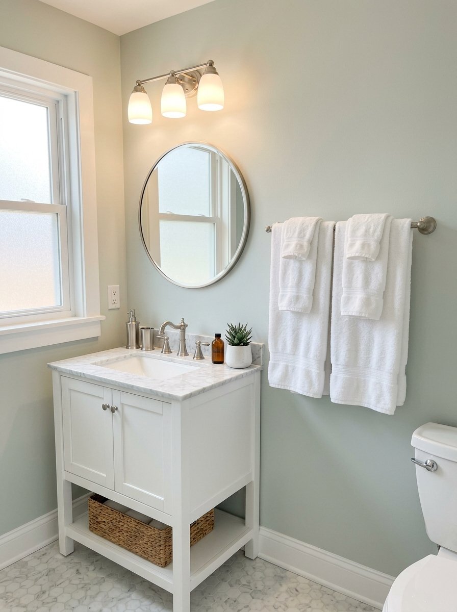 Small bathroom with light green walls, a marble-topped vanity, round mirror, and white towels hanging on the wall.