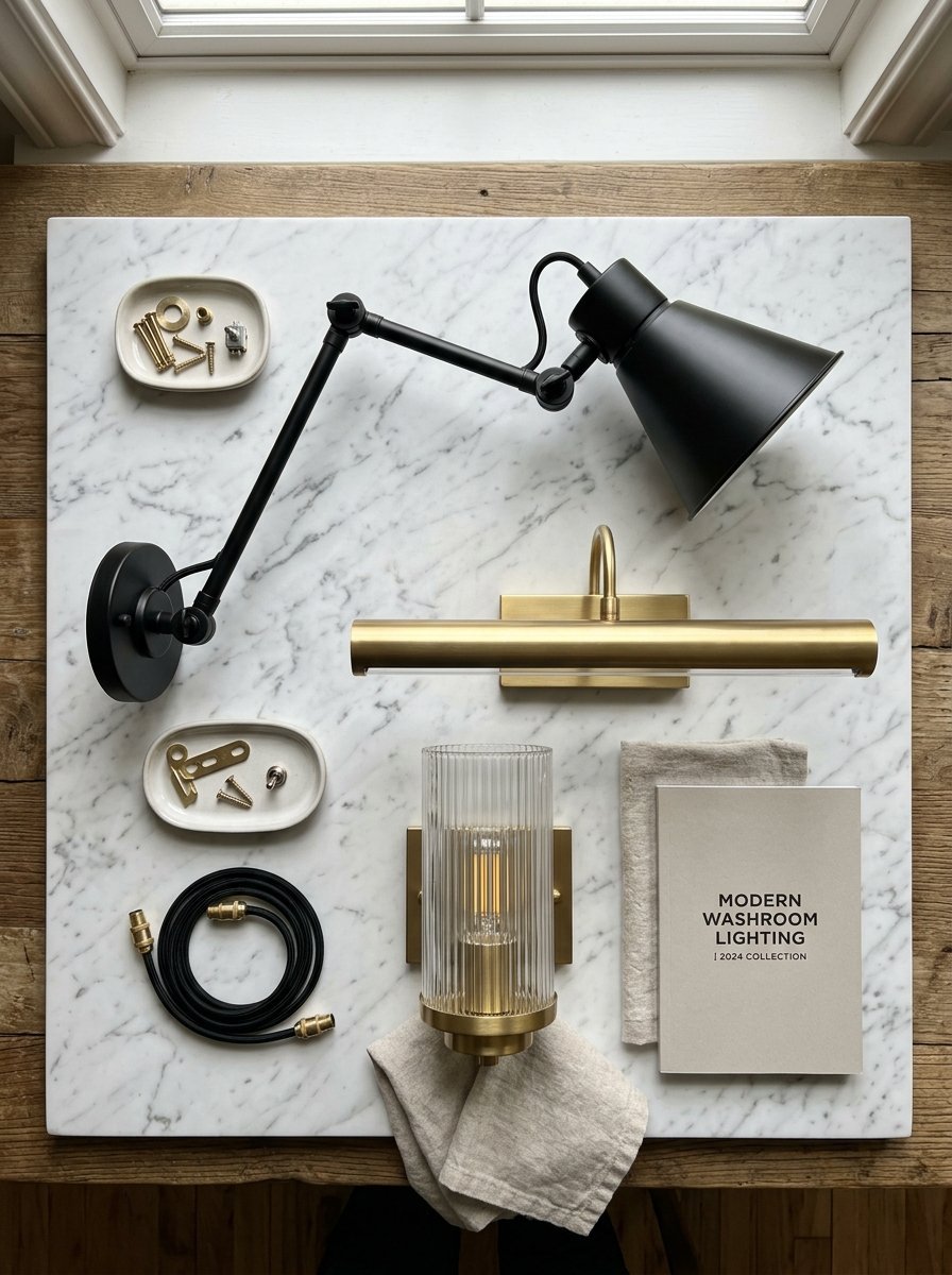 Top-down view of black swing-arm lamp, brass picture light, and fluted glass sconce arranged on a marble surface.