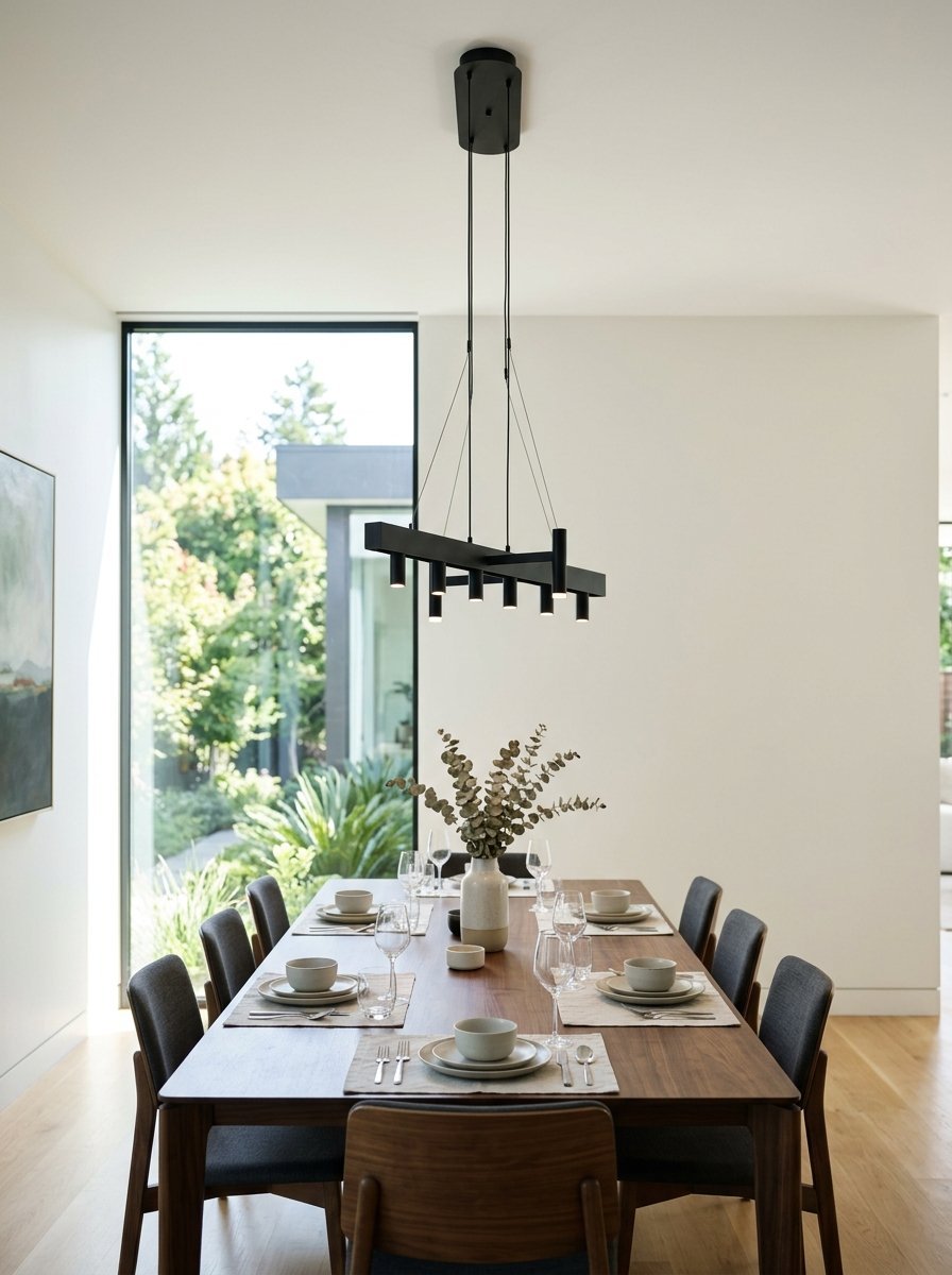 A long black geometric light fixture suspended over a set dining table in a bright, modern room with floor-to-ceiling windows.