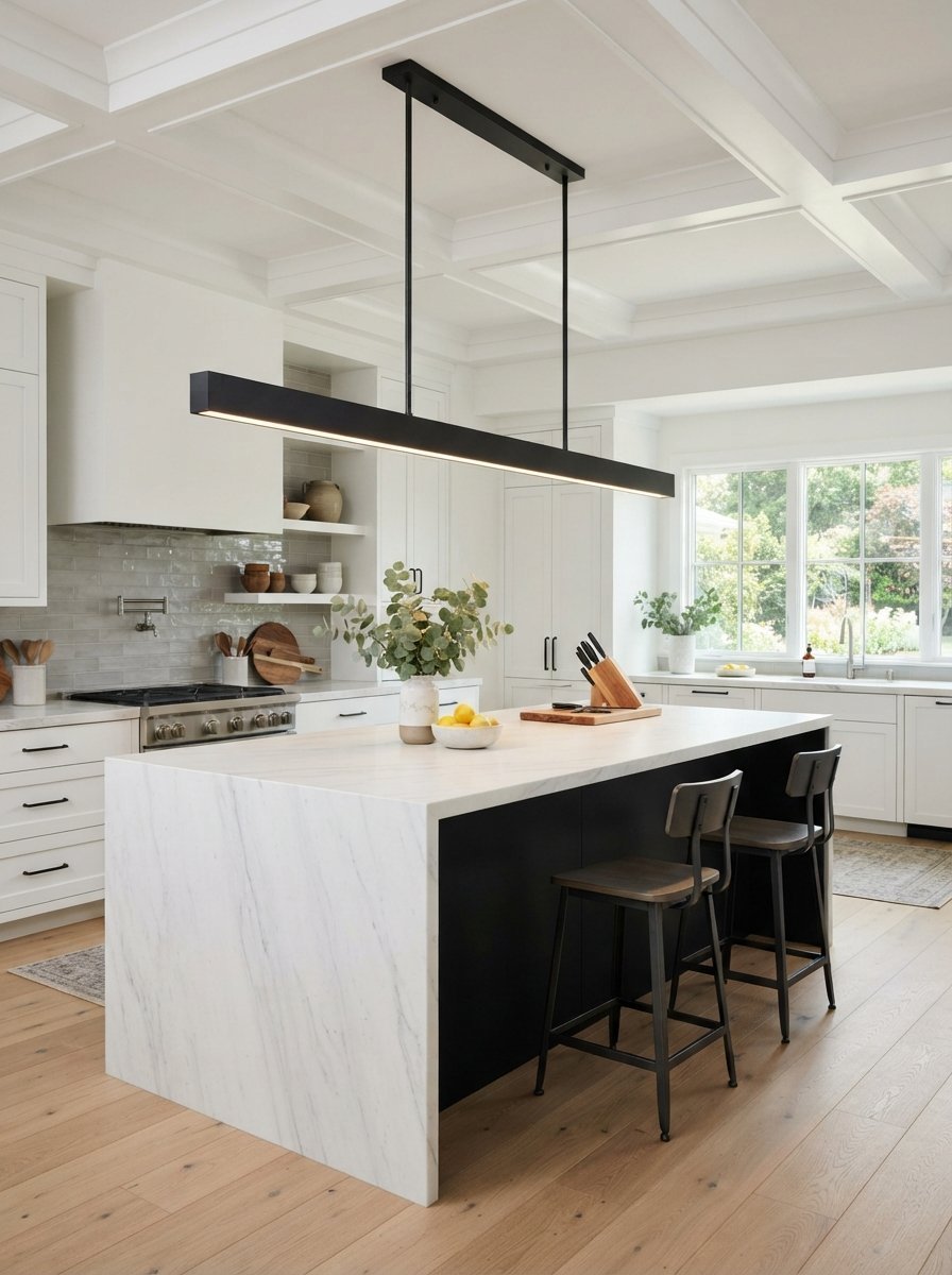 Long rectangular black LED light fixture suspended over a marble waterfall countertop in a bright white kitchen.