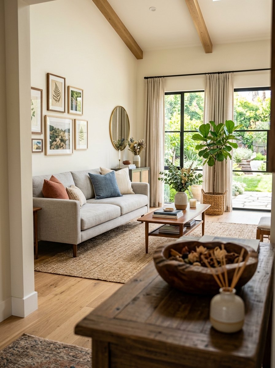 A beige couch with colorful pillows sits in a bright living room next to a windowed wall and houseplant.