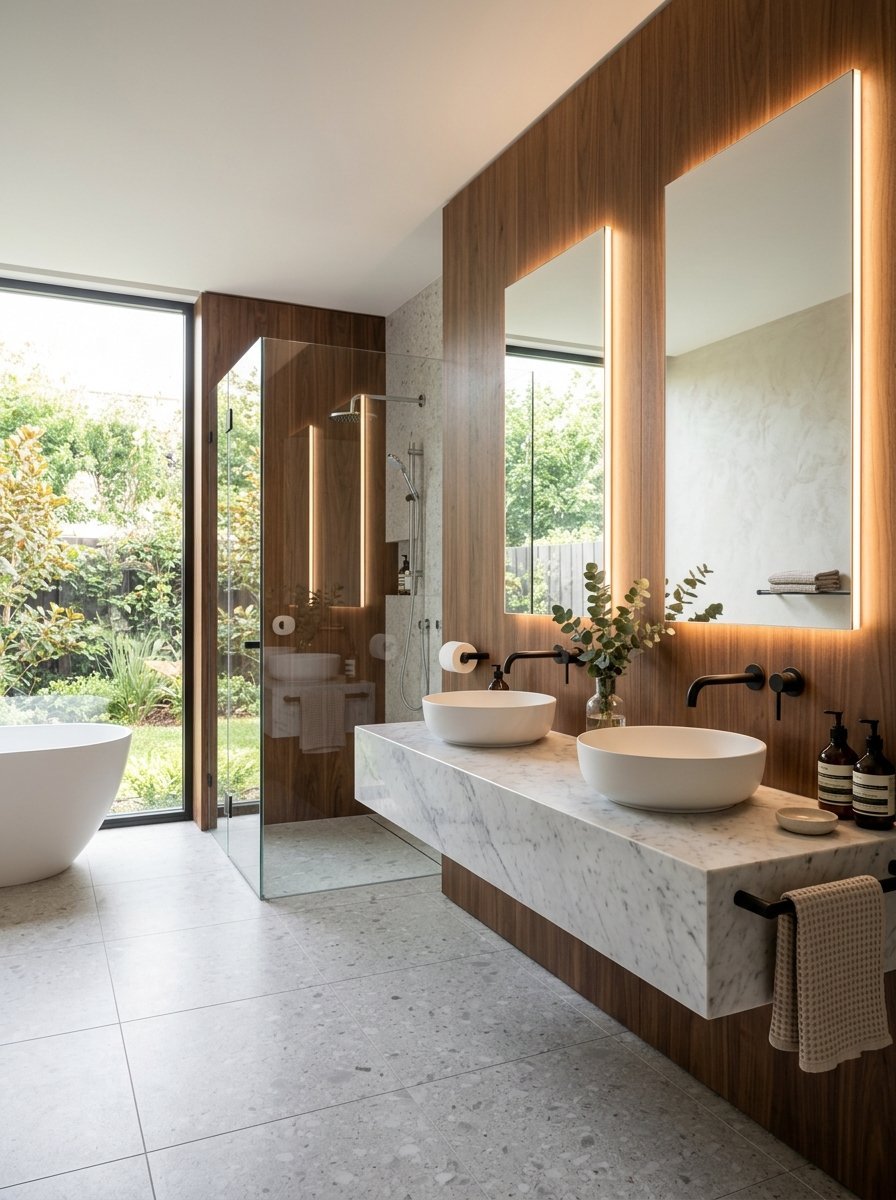 Spacious bathroom with a floating marble double vanity, wood wall paneling, and a standalone soaking tub.