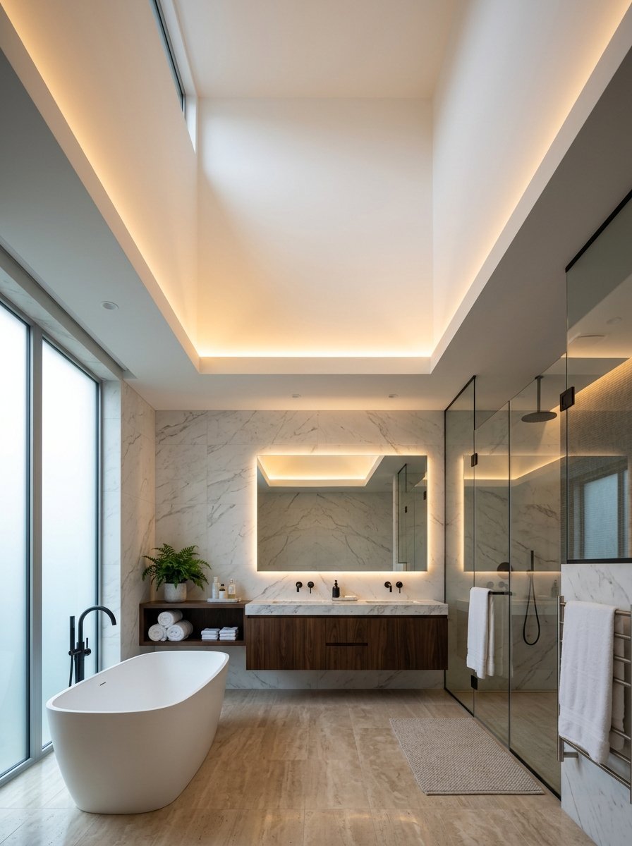 A sleek, marble-tiled bathroom with a freestanding white tub, dark wood vanity, and warm cove lighting from a skylight.