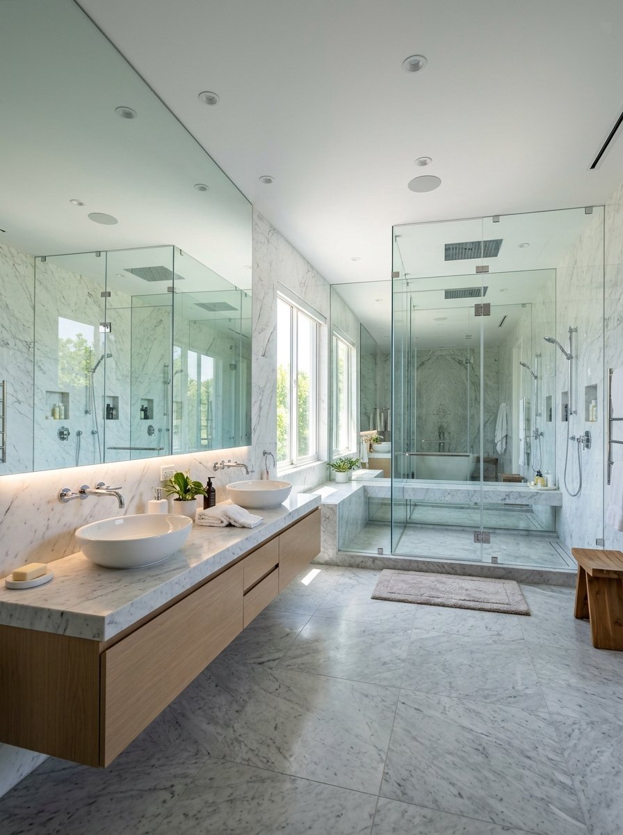 Spacious bathroom with marble walls, double vessel sinks, and a large glass-enclosed shower.
