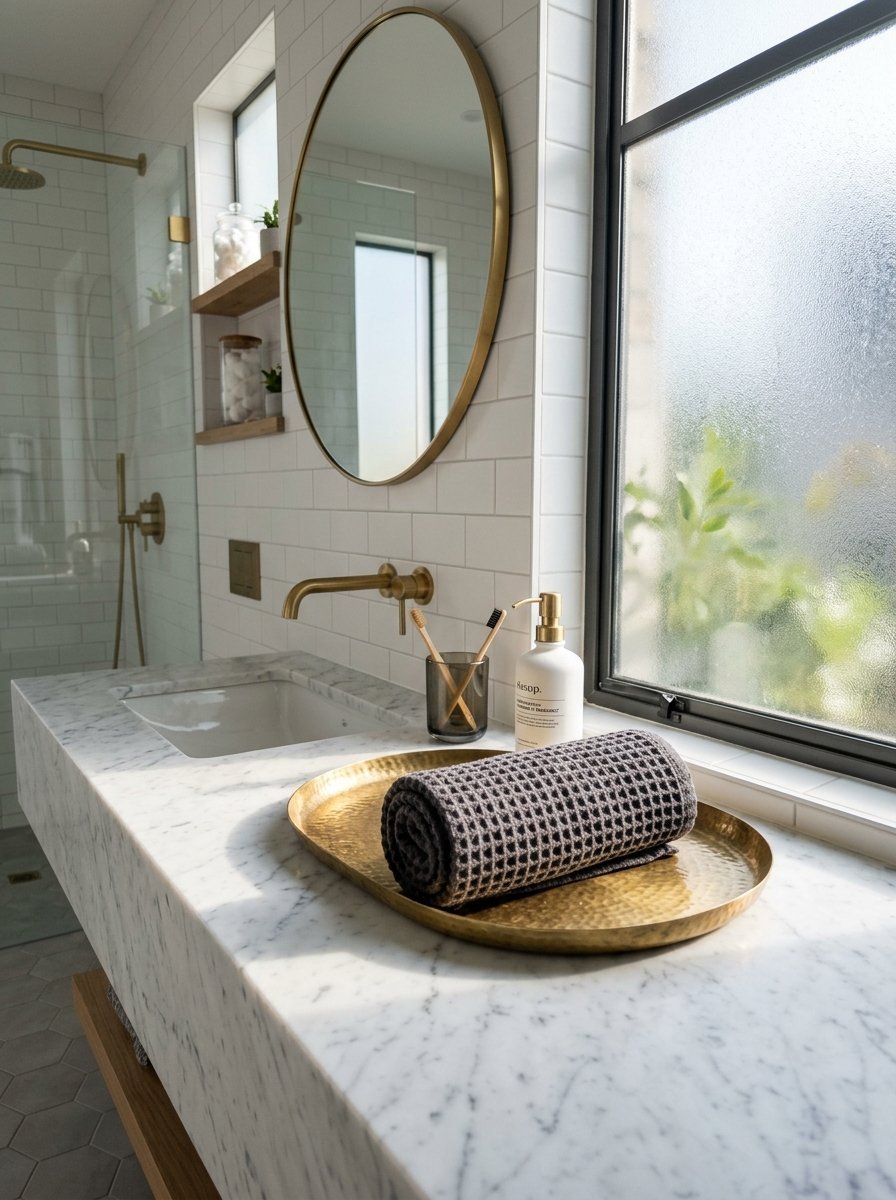 A rolled waffle-weave towel rests on a hammered brass tray atop a white marble bathroom countertop.