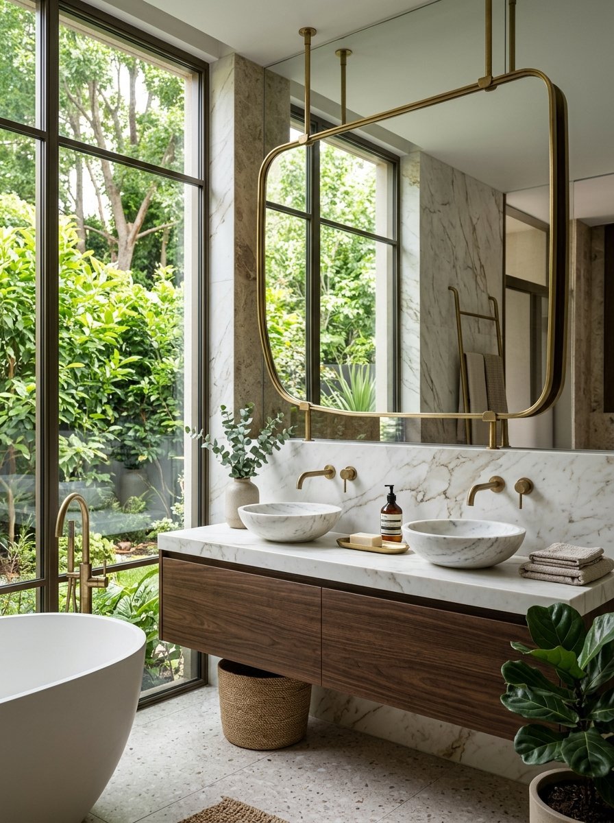 A modern bathroom featuring a floating wood vanity, dual marble bowl sinks, and a brass framed mirror overlooking a garden.