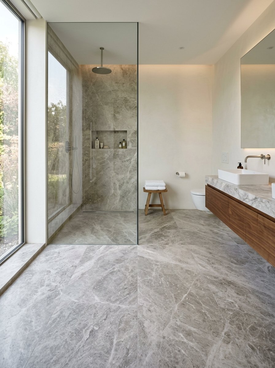 A sleek modern bathroom with grey marble flooring, a wood vanity, and a glass-enclosed rain shower.