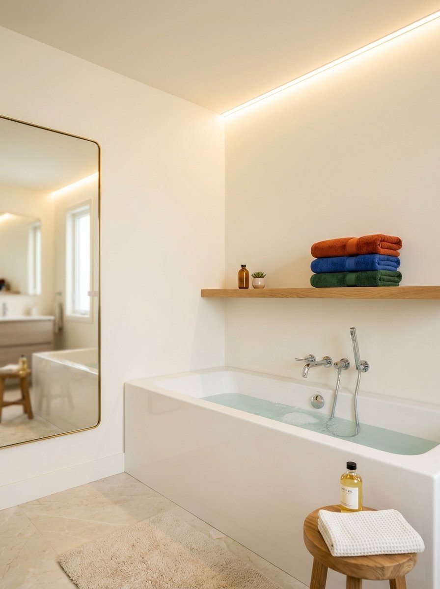 White soaking tub with colorful folded towels on a wooden floating shelf beside a large gold-rimmed mirror.