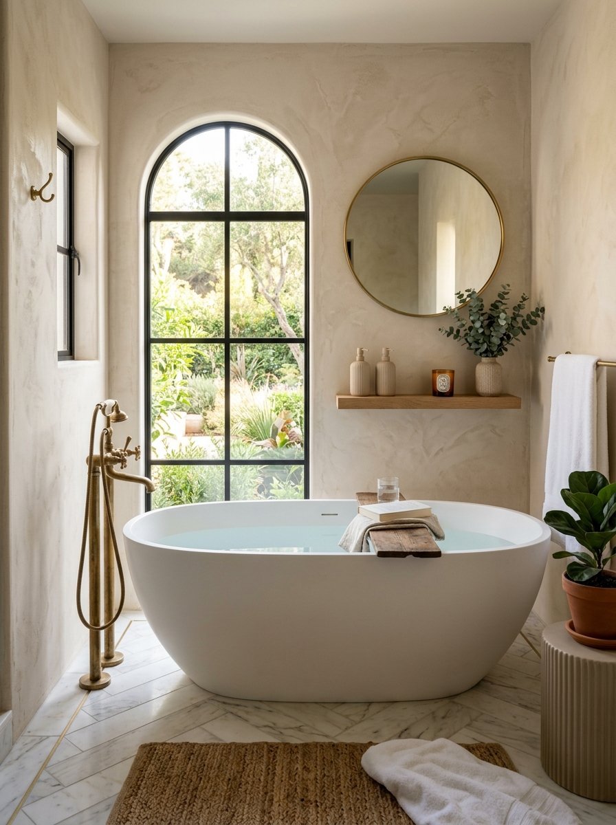 Freestanding white bathtub with brass floor faucet in a sunlit bathroom with marble floor and natural textures.