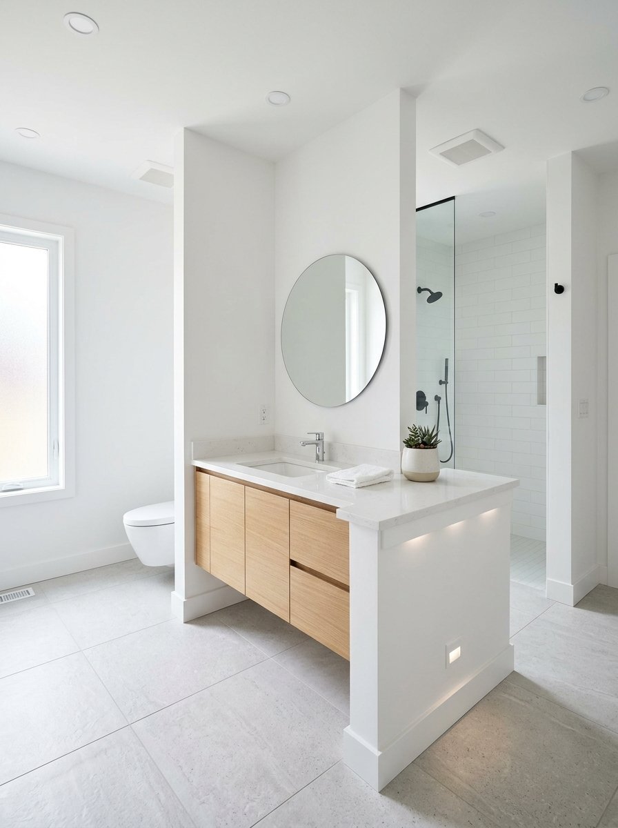 A white bathroom with a light oak vanity, round mirror, and a walk-in glass shower with black fixtures.