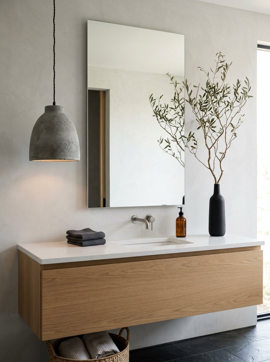 Floating wood vanity with white countertop, tall mirror, and olive branches in a black vase.