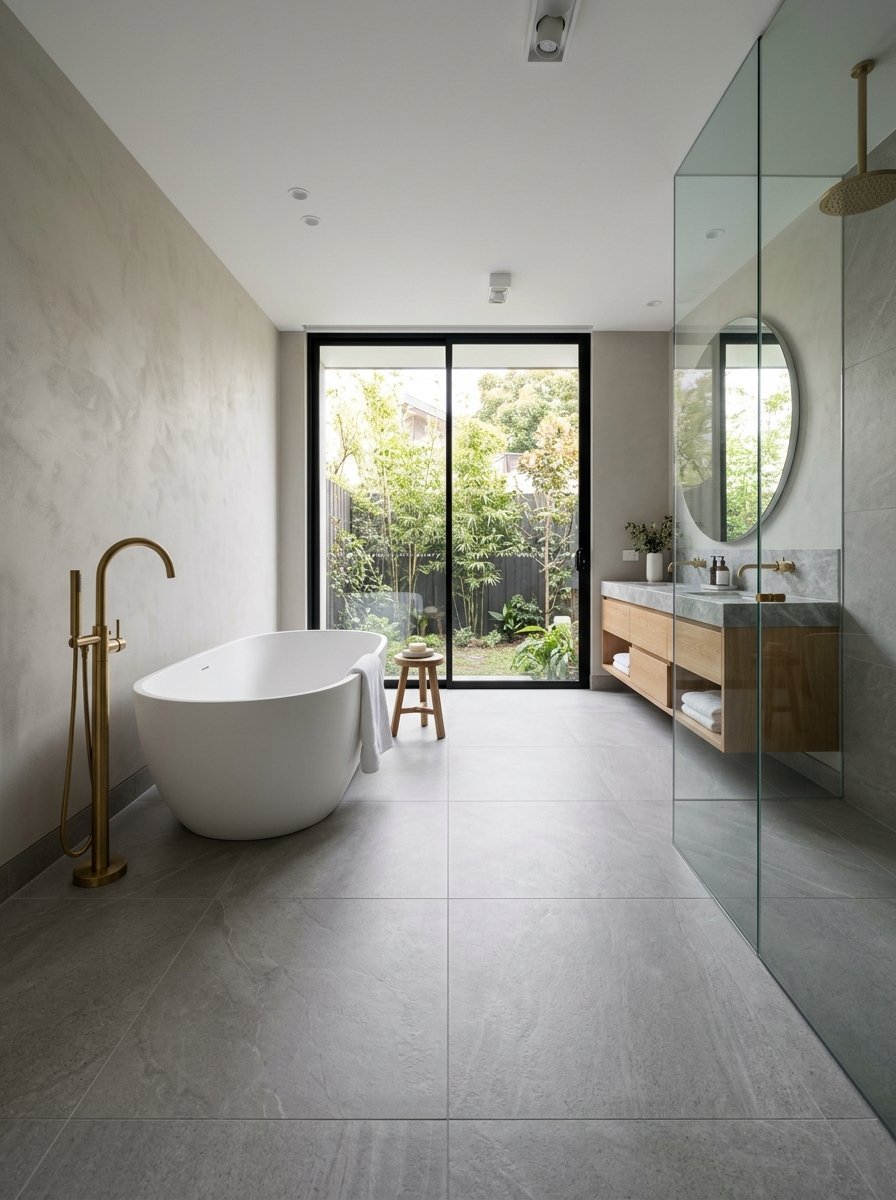 A modern luxury bathroom with a white oval bathtub, gold fixtures, and a glass-enclosed shower overlooking a garden.
