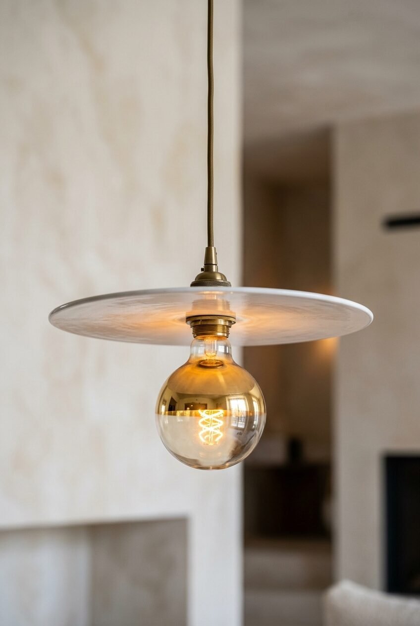 Close up of a decorative pendant light with a flat white disc shade and a warm glowing, half-gold vintage filament bulb.