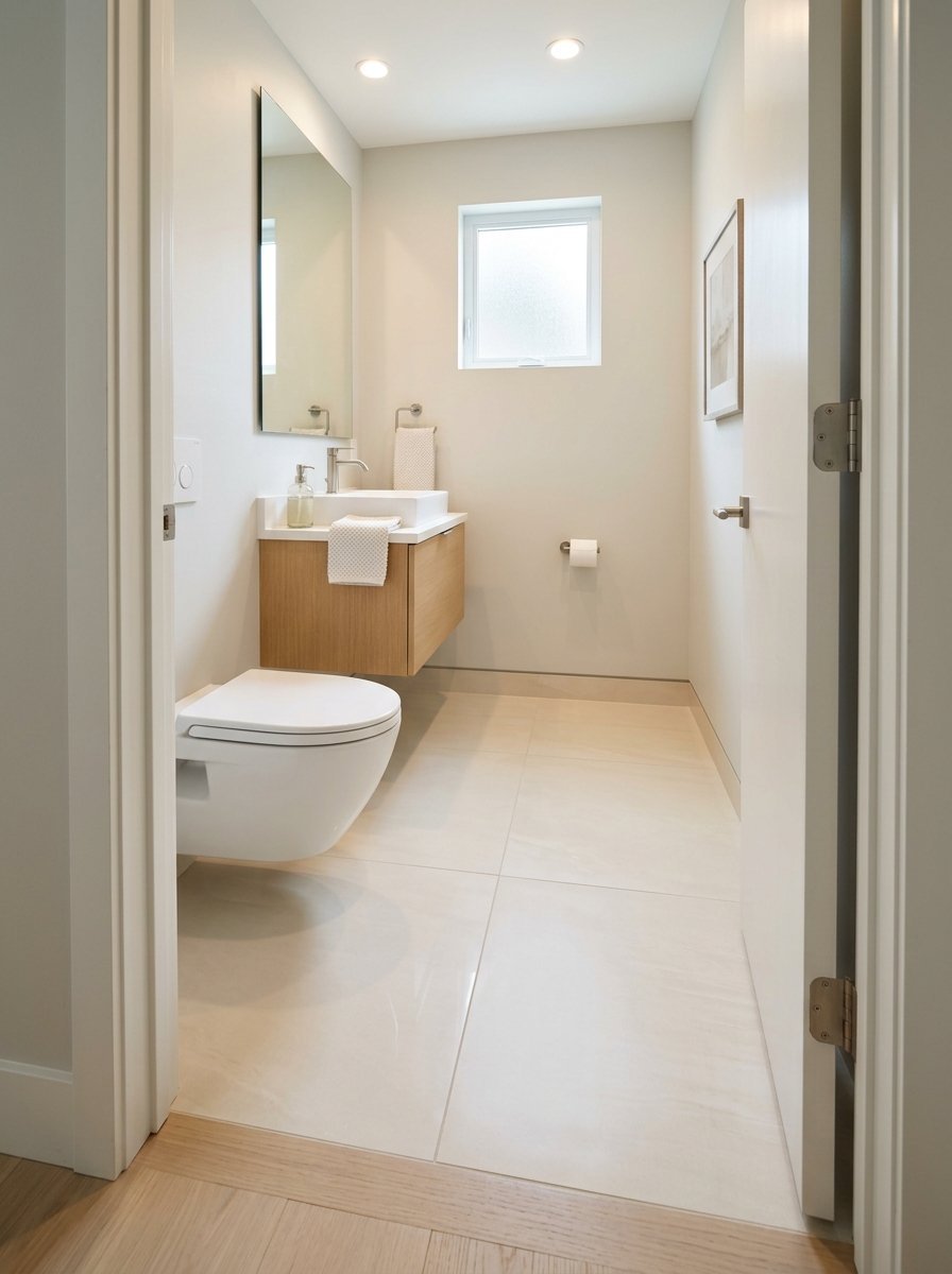 View through a doorway into a modern bathroom with a wall-hung toilet, light wood cabinets, and large cream floor tiles.