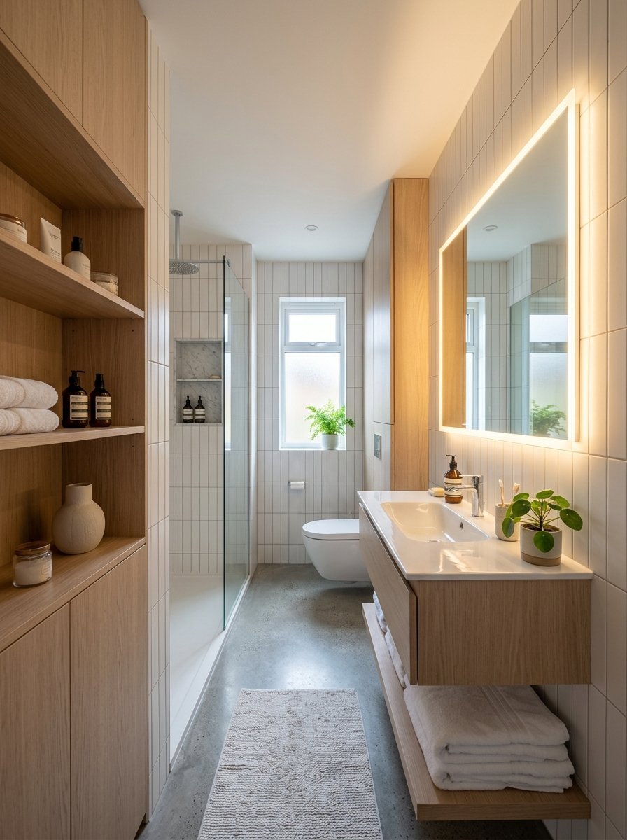 Contemporary bathroom with vertical tiled walls, wooden shelves, a floating vanity, and a backlit mirror.