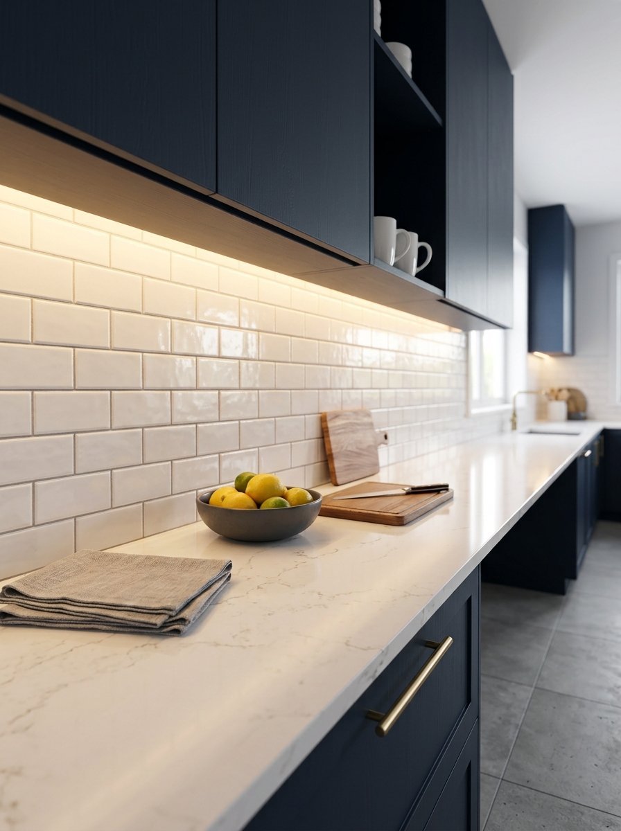 Close-up of a white marble countertop with a bowl of lemons and a wooden cutting board in a navy blue kitchen.