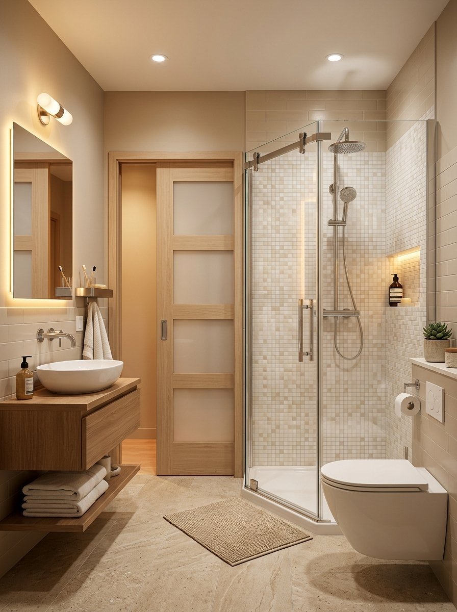 Contemporary bathroom with a floating wooden sink vanity, corner shower, and wall-mounted toilet.