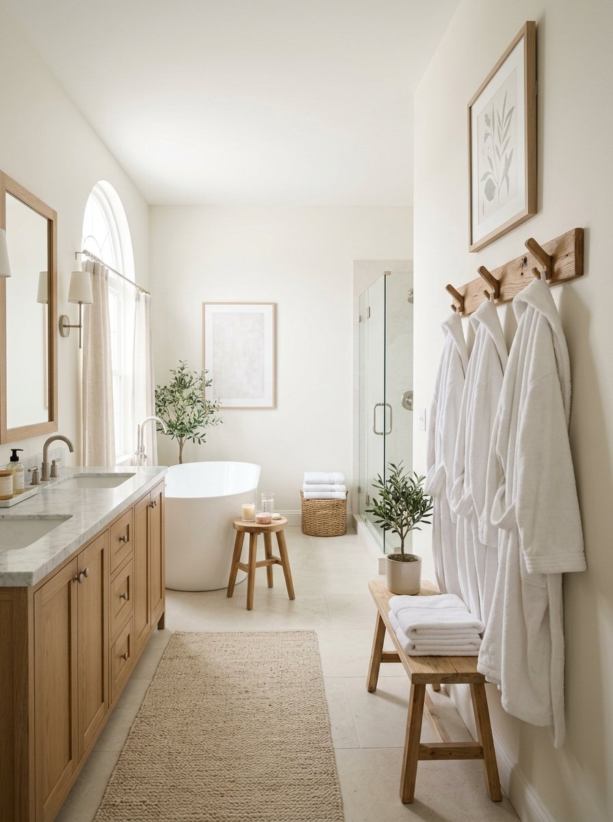 A light-filled bathroom with a wood vanity, freestanding tub, and white robes hanging on a wall rack.