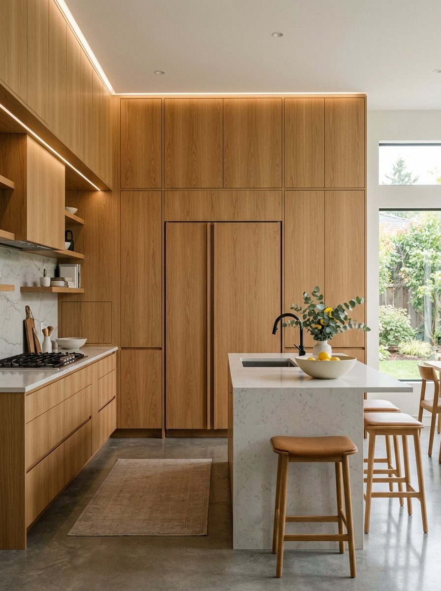 A modern kitchen with floor-to-ceiling wood cabinets, a marble-topped island, and leather-upholstered bar stools.