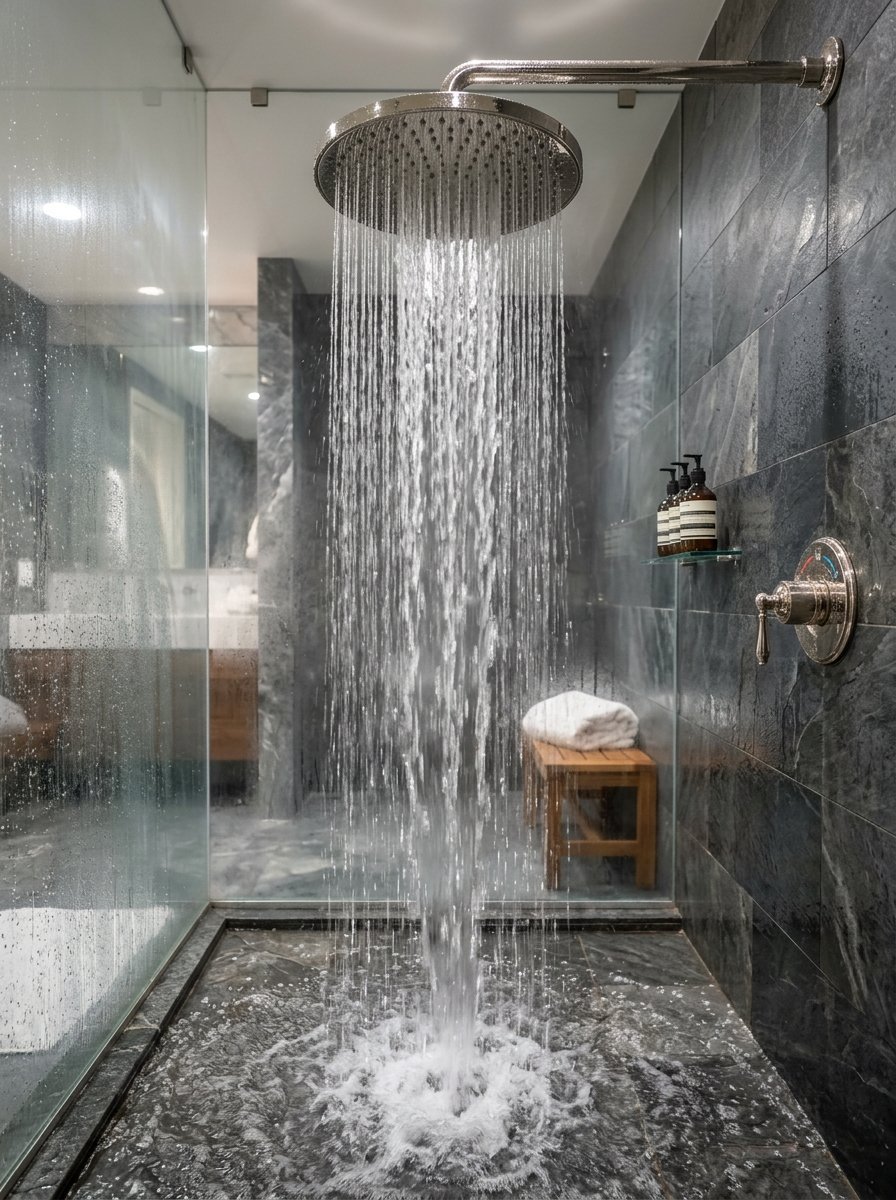 Water flows from a circular rainfall shower head in a bathroom with slate walls and a wooden bench.