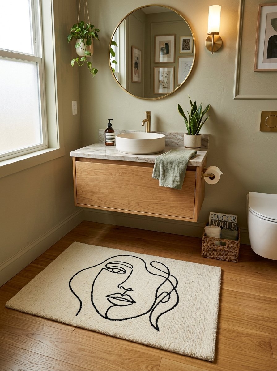 A bathroom rug with a continuous line art face design sits on a light wood floor in a sage green bathroom.