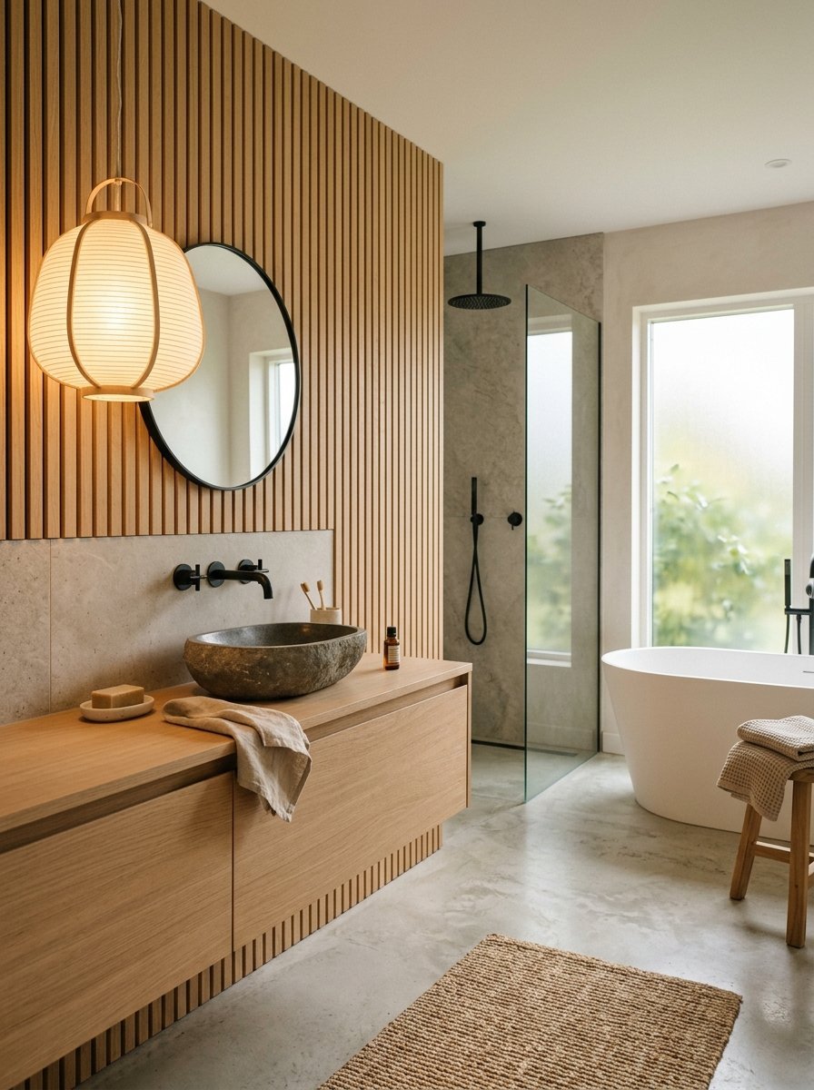 A luxury bathroom featuring a stone vessel sink on a floating oak vanity with a round mirror and pendant light.