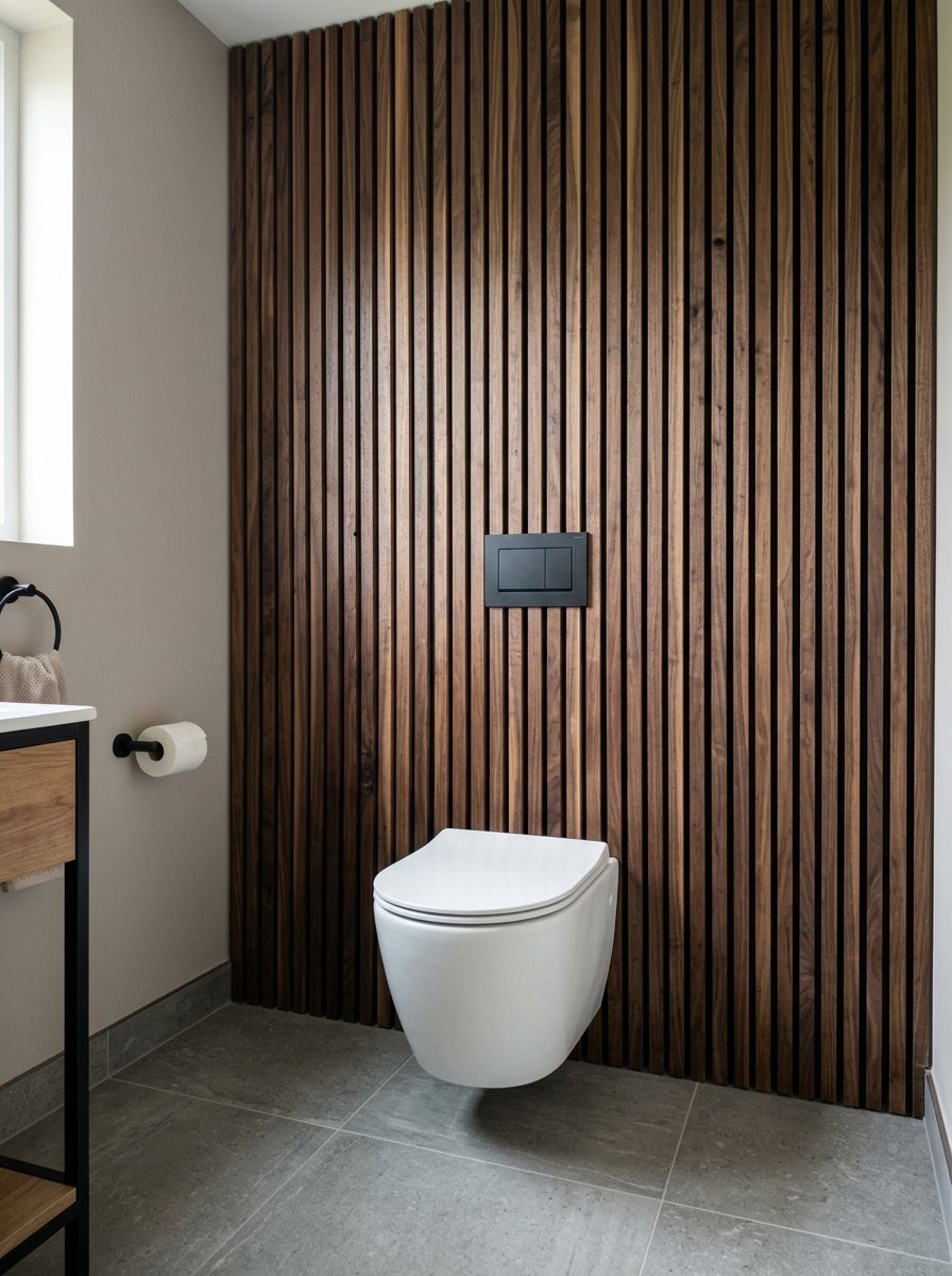 Contemporary powder room featuring vertical dark wood slats, a wall-hung white toilet, and grey stone floor tiles.