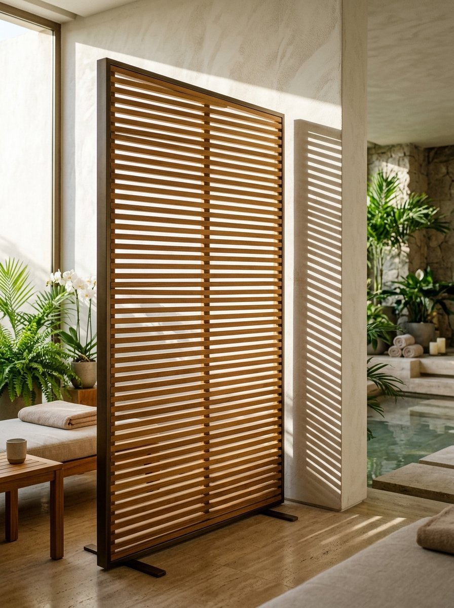 A vertical wooden slat room divider creates striped shadows on a wall in a bright, tropical-style wellness room.
