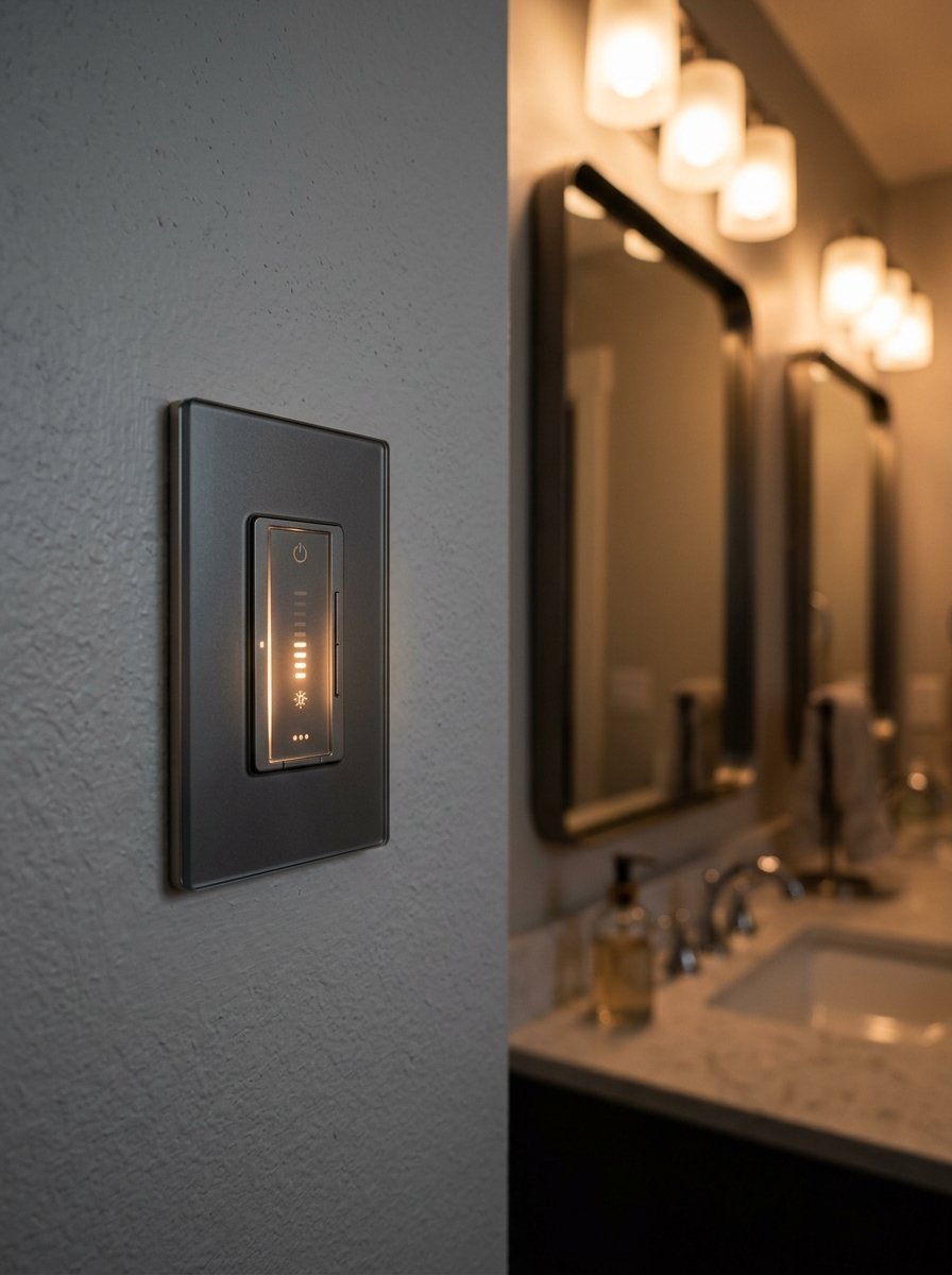Close up of a backlit smart light switch mounted on a textured grey wall inside a bathroom.