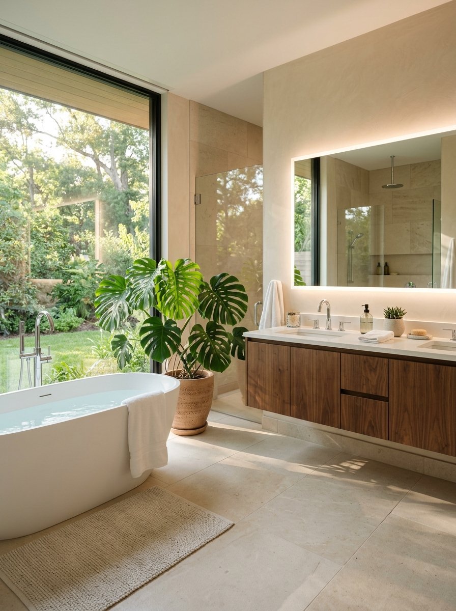 A modern bathroom with a white freestanding tub, wood vanity, and a large Monstera plant beside a floor-to-ceiling window.