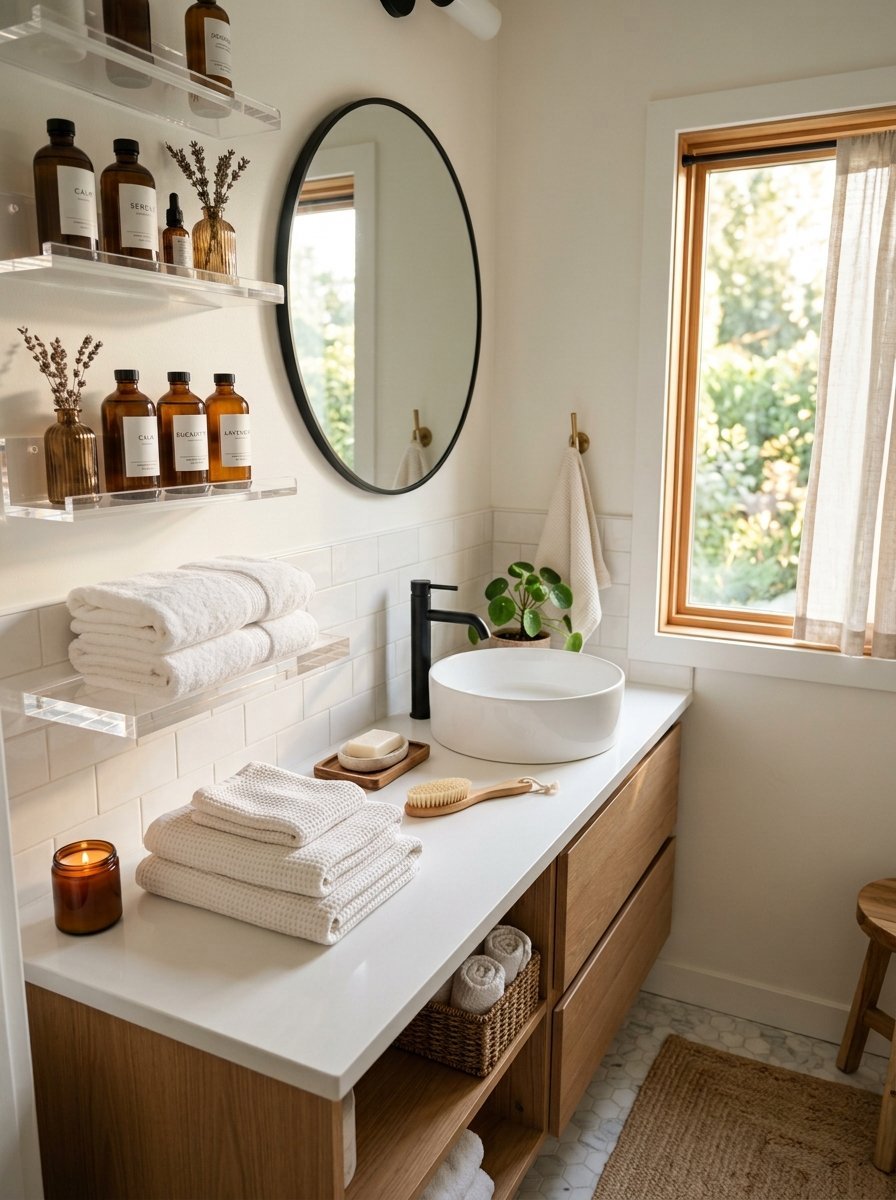 A bright bathroom vanity featuring white towels, a round sink, and shelves with amber apothecary bottles.