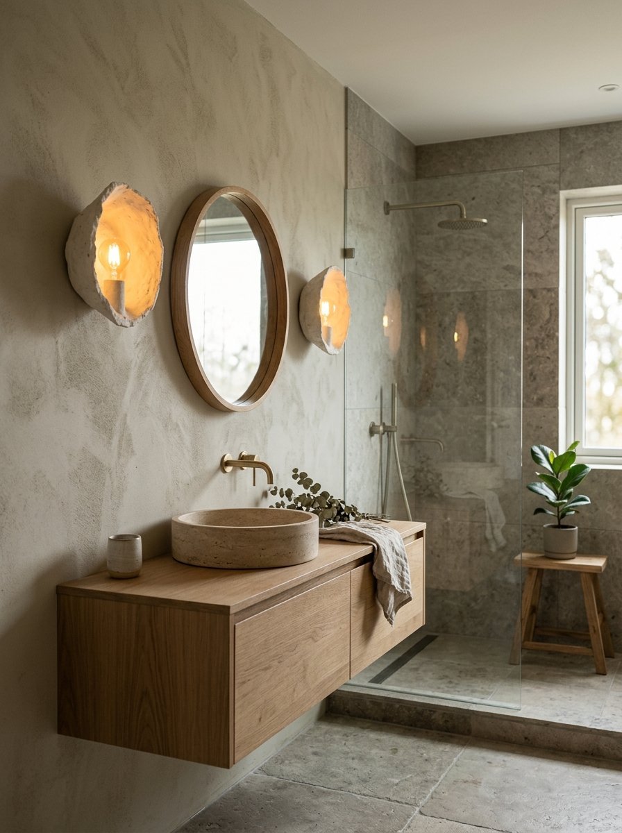 Floating wood cabinet with a travertine sink and warm wall-mounted stone light fixtures in a modern bathroom.