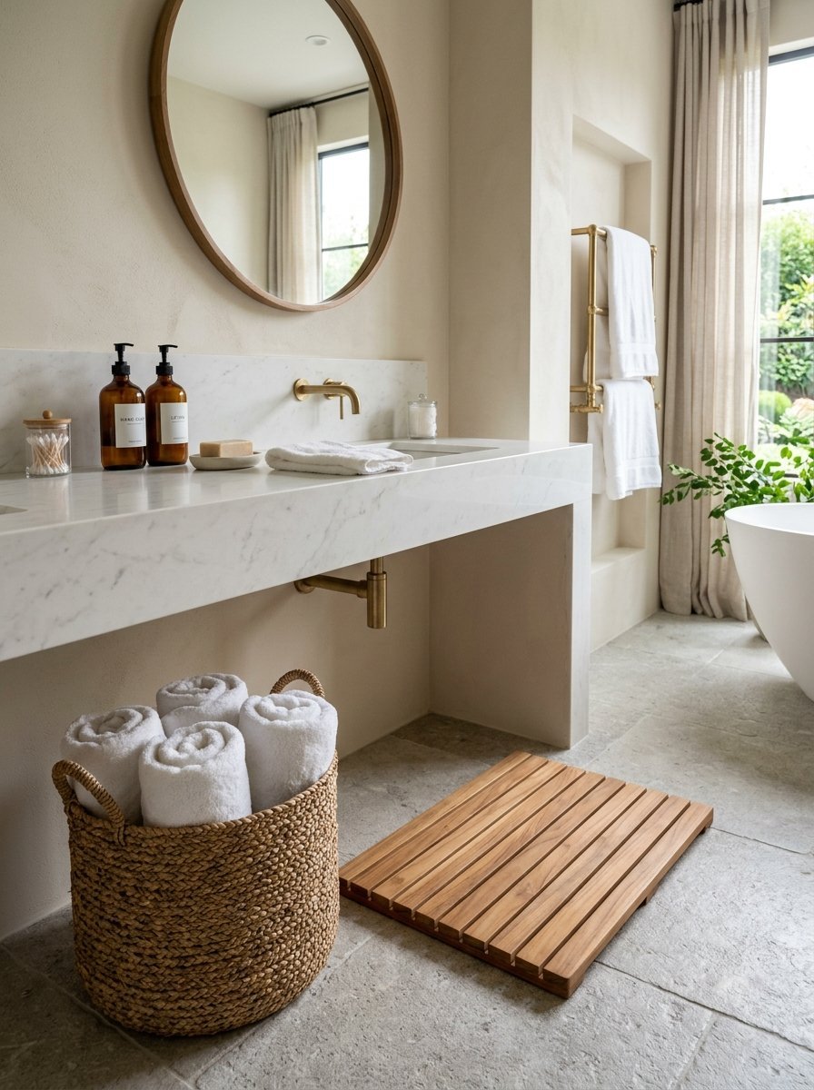A bathroom vanity with marble countertop, wicker basket of towels, and wooden floor slats in a bright room.