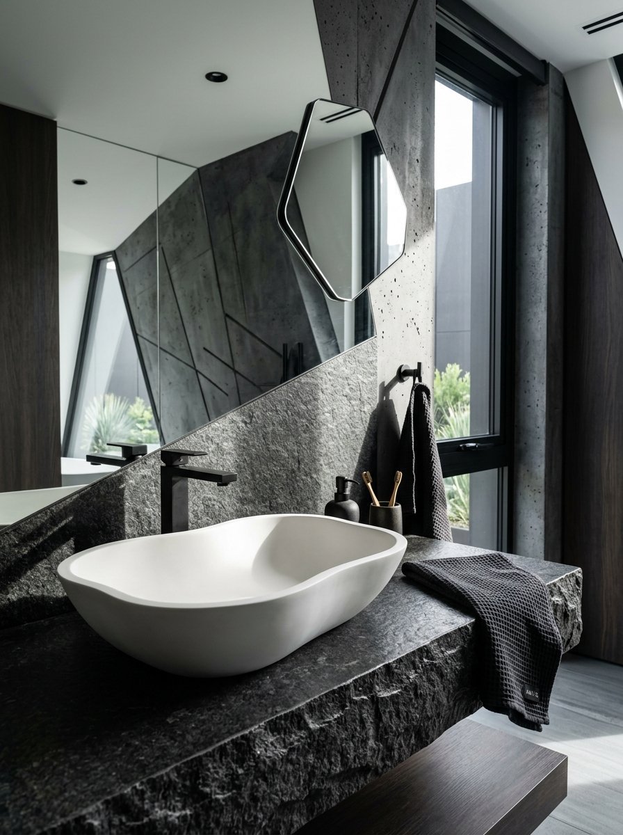 An organic shaped white sink sits on a textured dark granite vanity in a modern bathroom with geometric mirror.