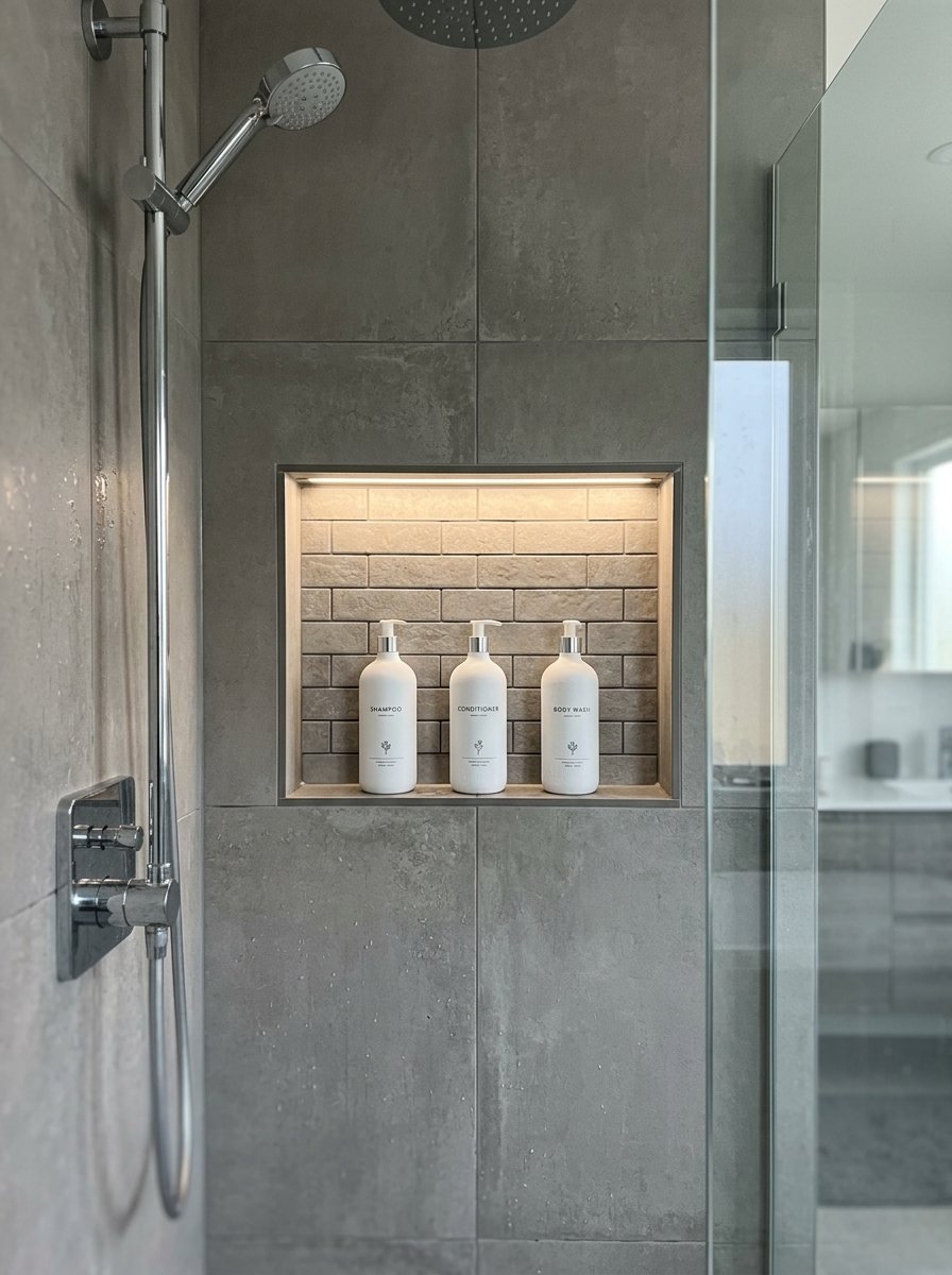 Close-up of a tiled shower wall with a recessed lit shelf containing shampoo, conditioner, and body wash.