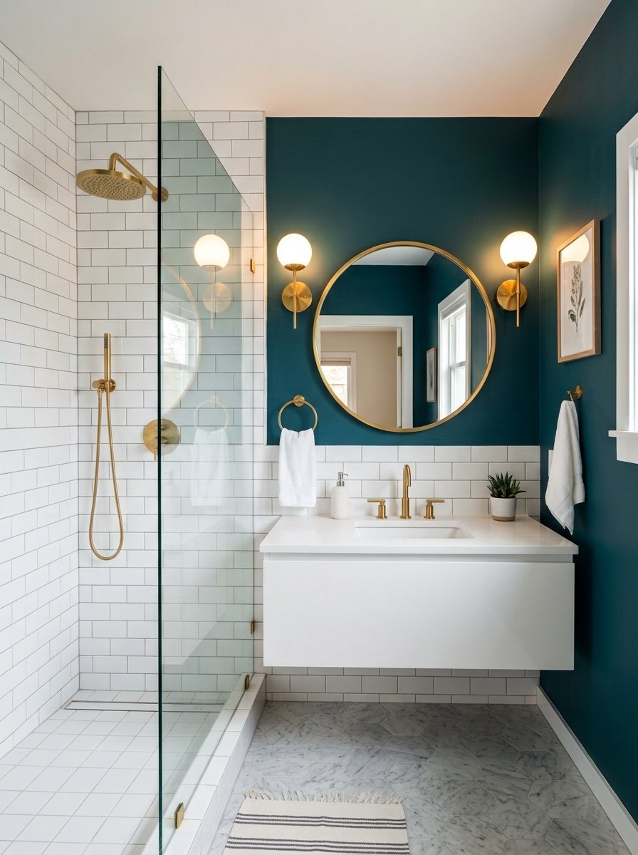 A bathroom with white subway tiles, a floating white vanity, round brass mirror, and gold shower hardware.