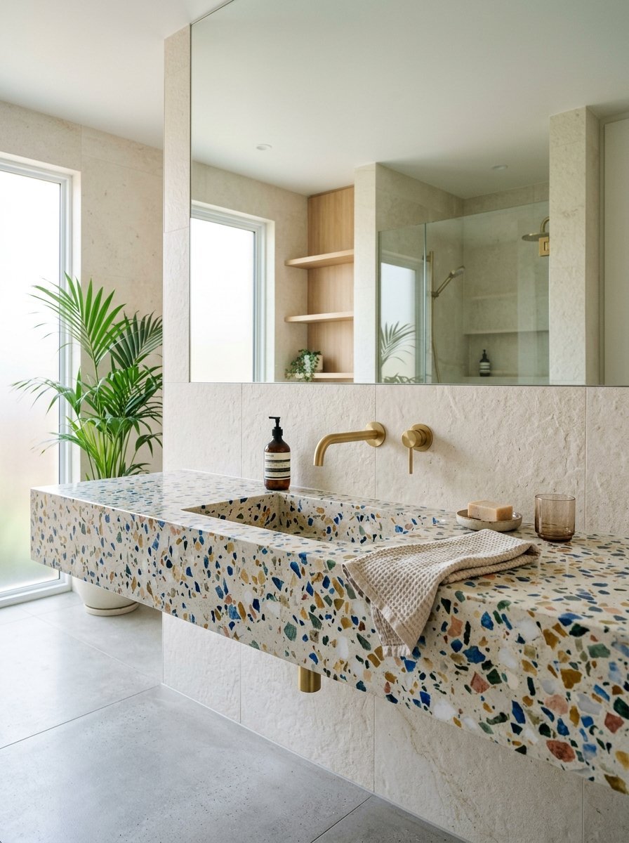Multicolor stone terrazzo floating countertop with gold faucet and a waffle-weave towel in a bright bathroom.