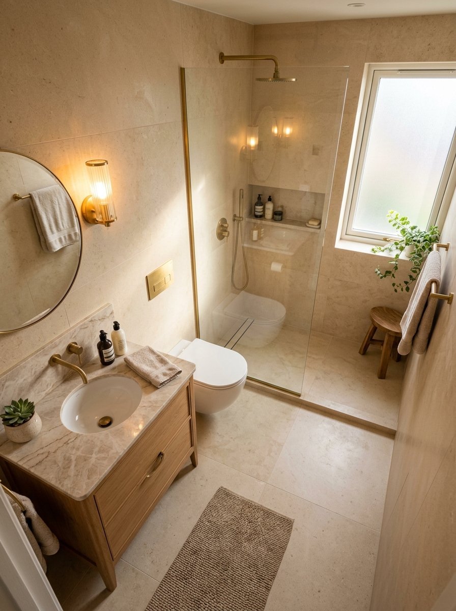 High angle view of a small spa-like bathroom with beige stone tiles, gold fixtures, and a wooden vanity.