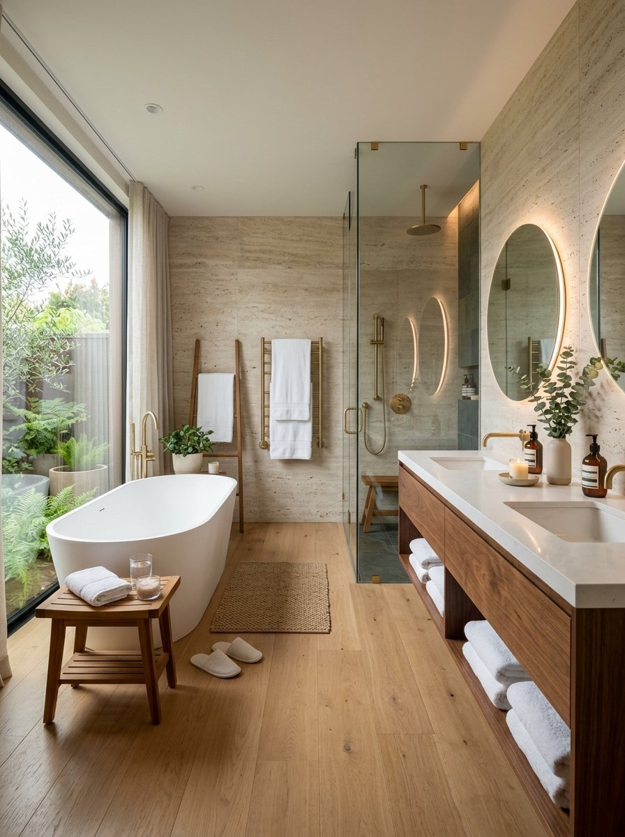 A luxurious bathroom with a white soaking tub, double vanity, and floor-to-ceiling windows looking onto lush greenery.