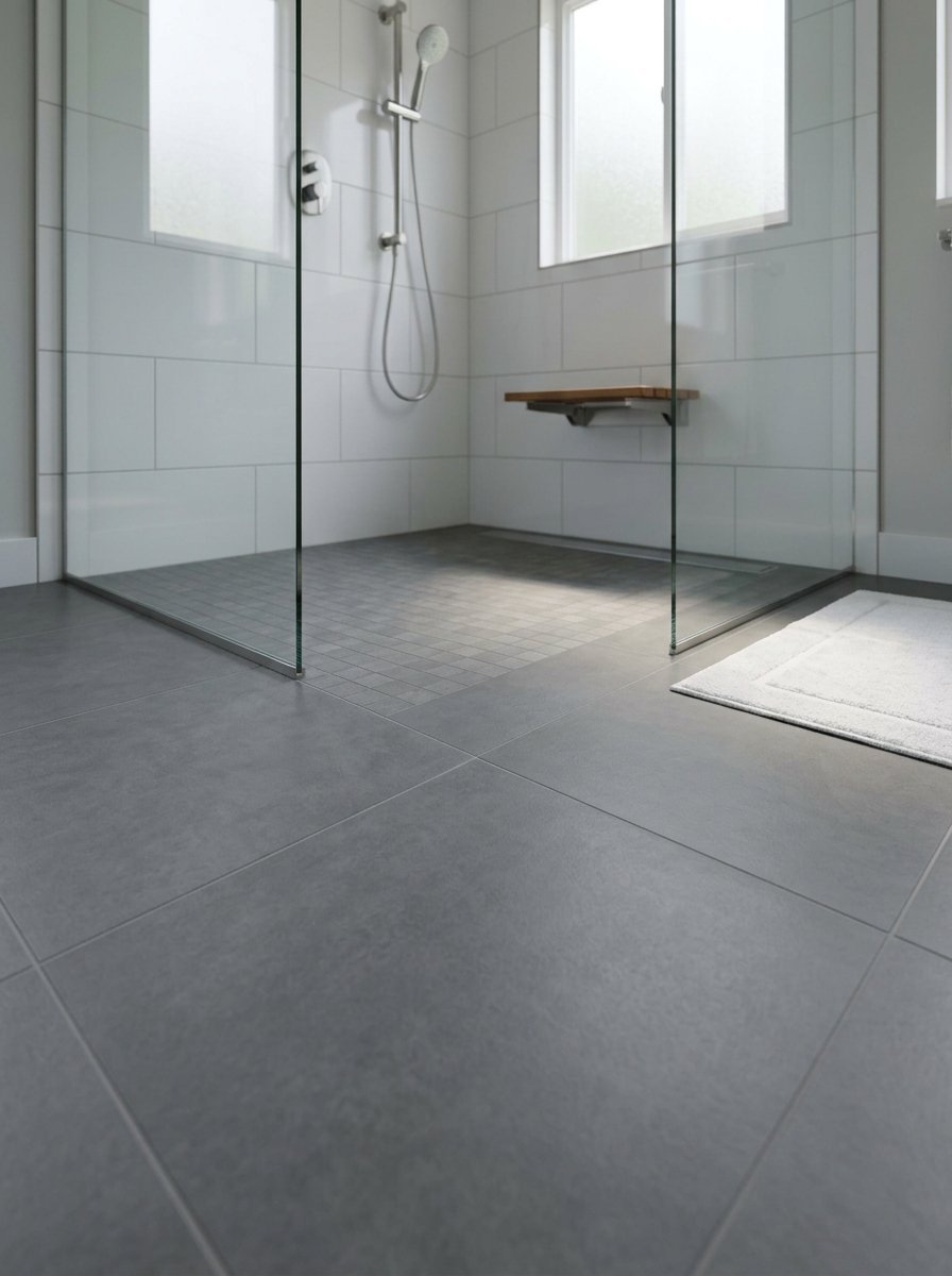 A walk-in shower featuring white subway tiles, a glass enclosure, and a small wooden folding seat.