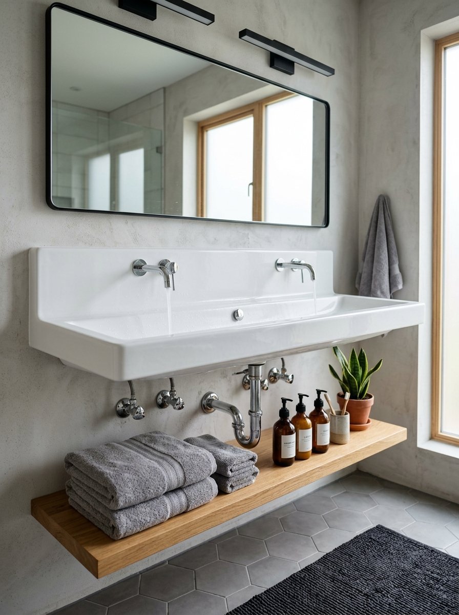A white wall-mounted double basin sink with running water above a wooden shelf holding towels, toiletries, and a plant.
