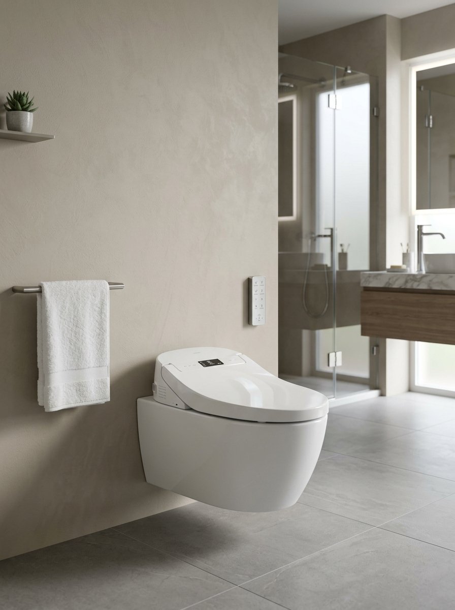 A white wall-hung smart toilet with a digital remote control panel mounted on a beige wall.