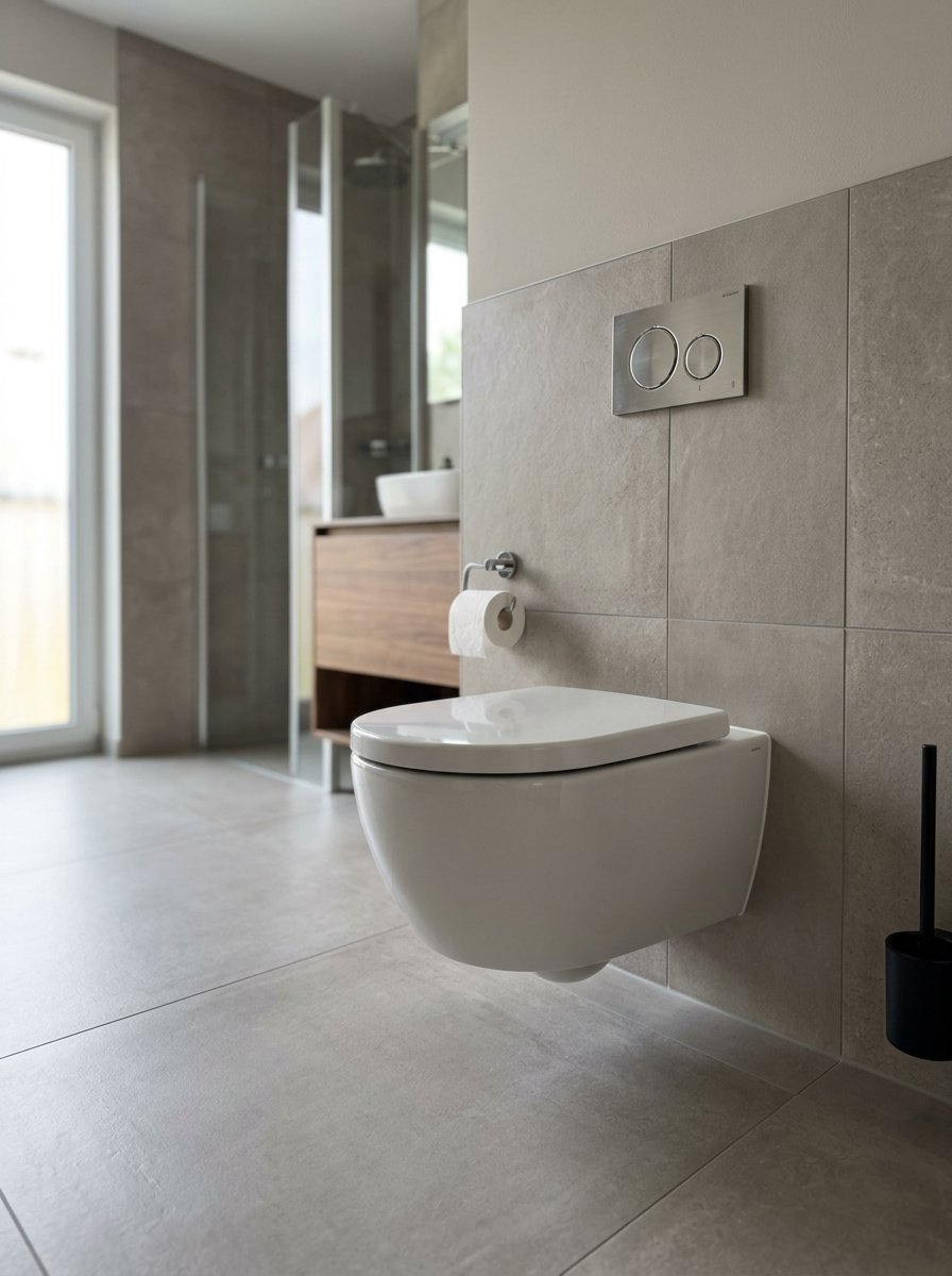 A white floating toilet mounted on a beige tiled wall with a metallic dual flush button.