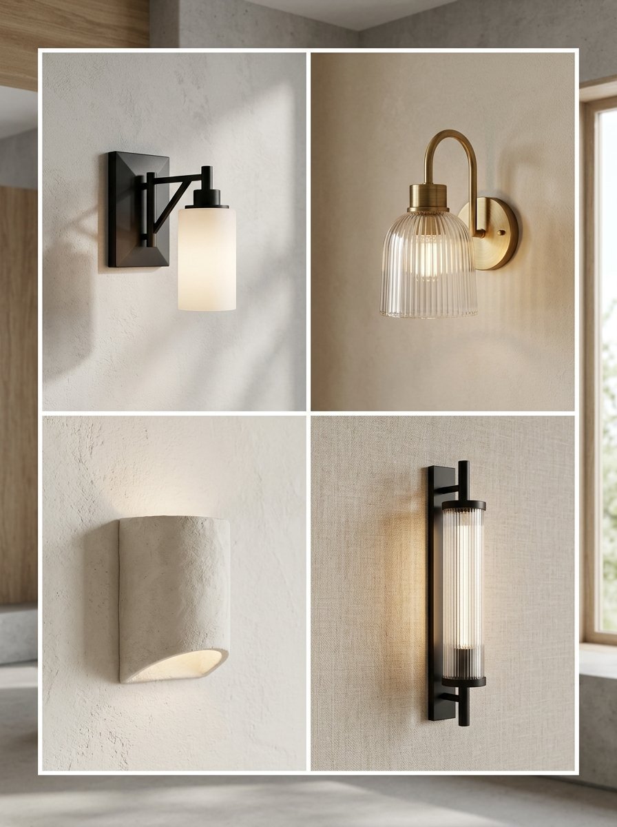 Close-up gallery of four distinct indoor wall lamps featuring brass, black metal, and textured concrete finishes.