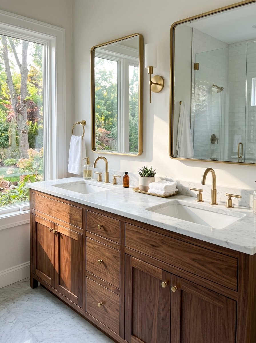 Modern double bathroom vanity with wood cabinets, marble countertop, and rectangular gold-framed mirrors.