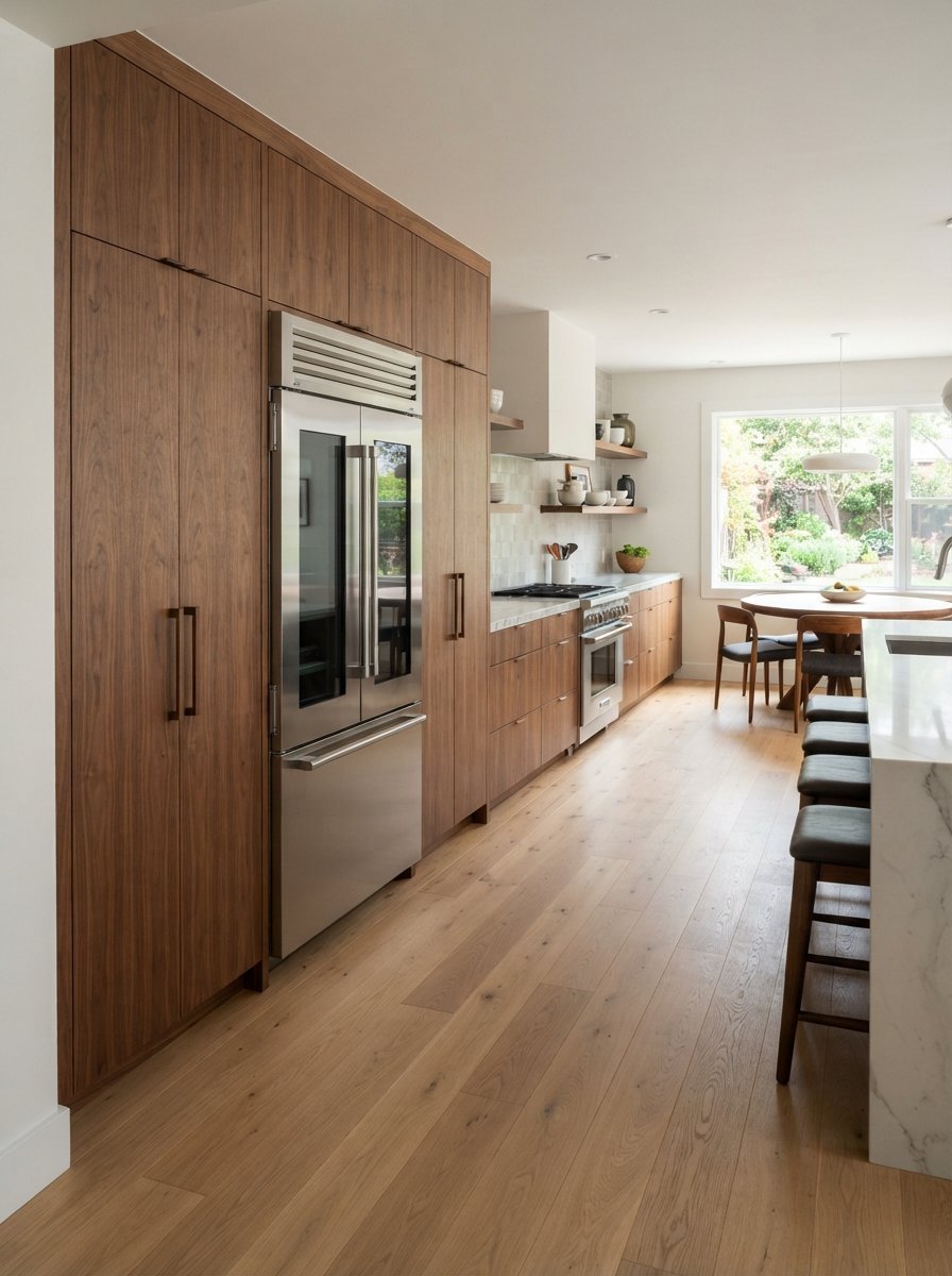 A bright kitchen featuring floor-to-ceiling dark wood cabinets, marble counters, and a central eating area.
