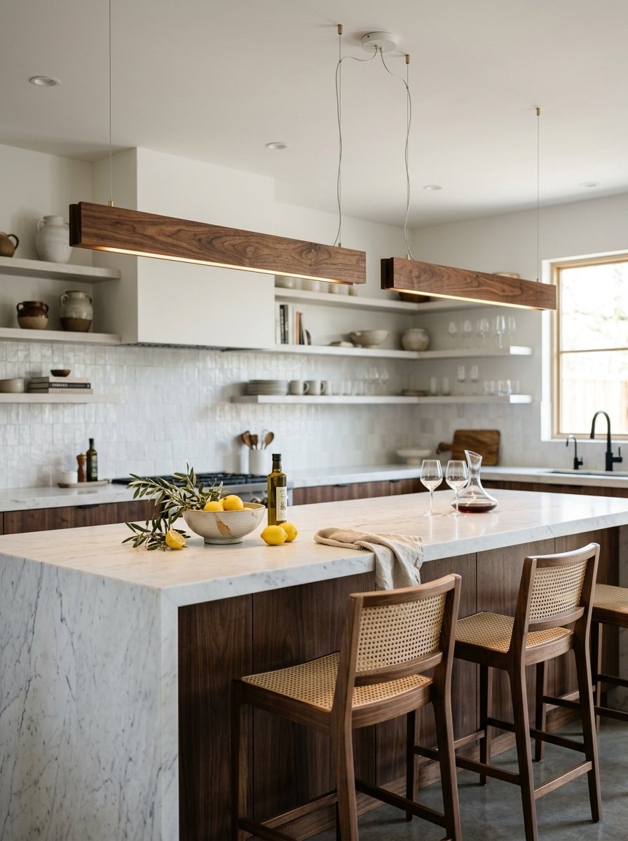 Modern kitchen with walnut cabinets, a marble waterfall island, and two linear wood pendant lights.