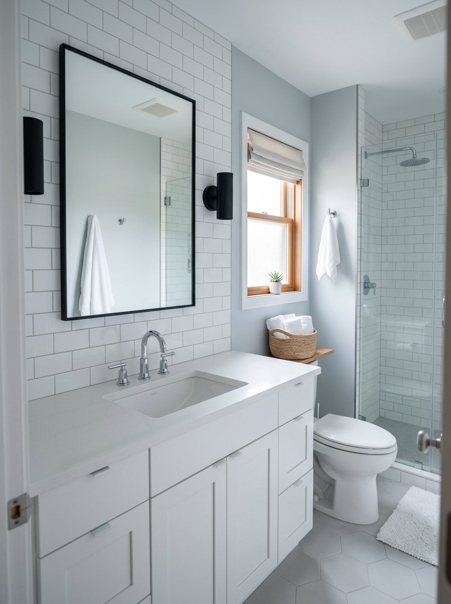 A light-filled bathroom with a white vanity, subway tile backsplash, and a modern glass walk-in shower.