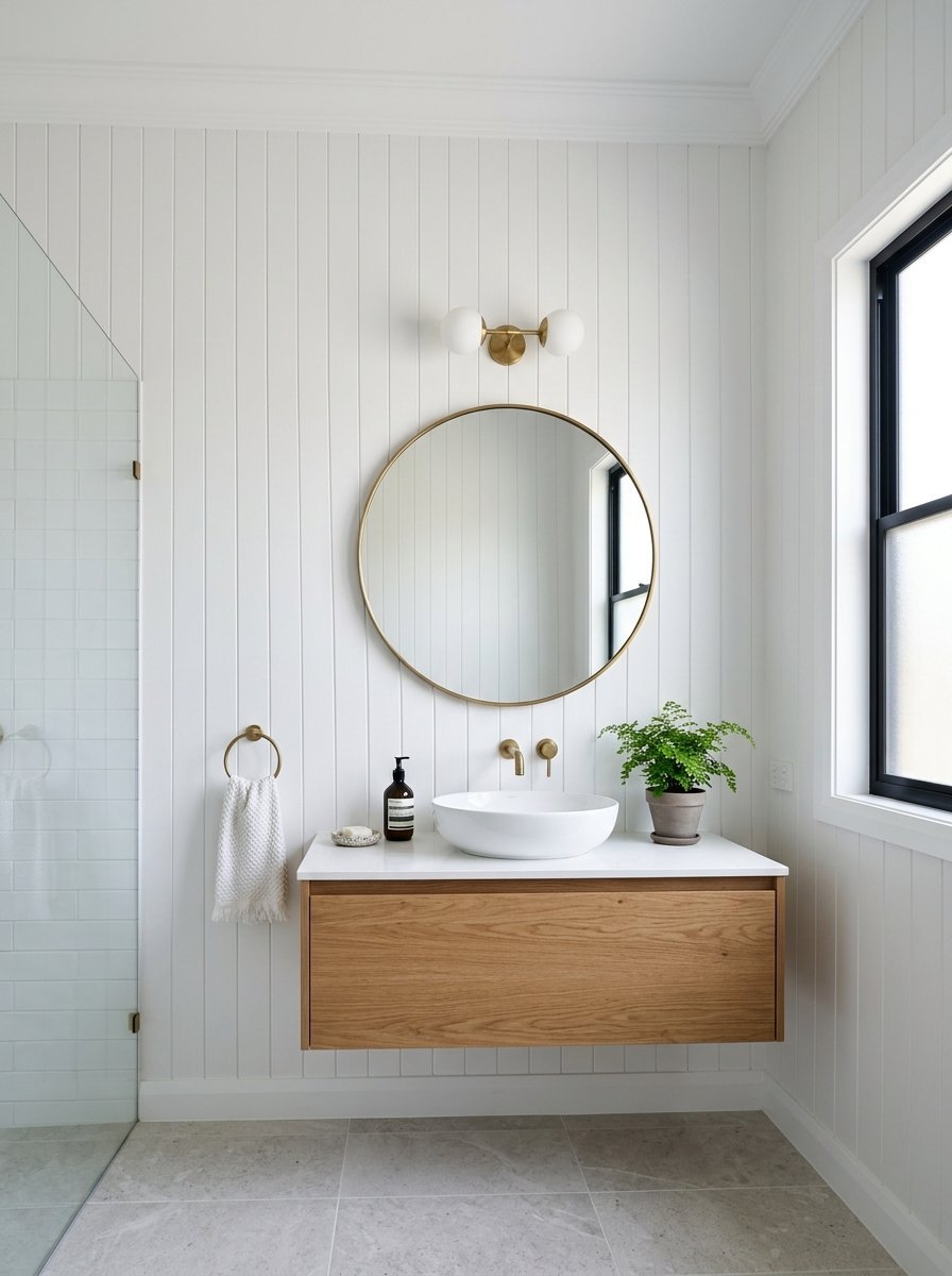 Bright bathroom featuring a round gold-rimmed mirror above a white vessel sink on a wall-mounted wooden cabinet.